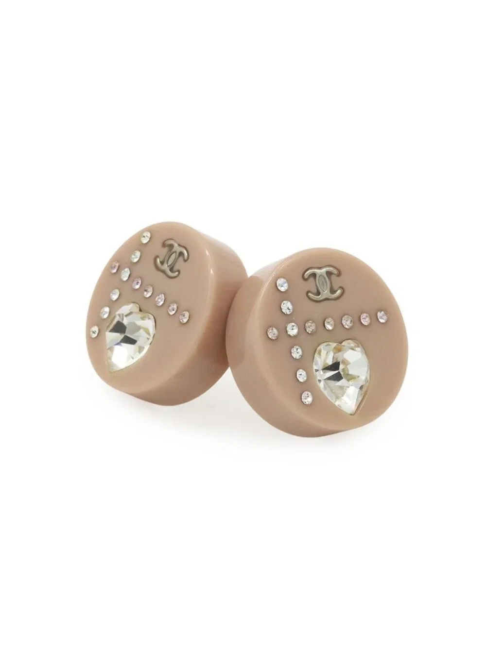 Chanel 04A CC Logo Earrings Round Rhinestone Heart Stone Plastic Metal Dusty
